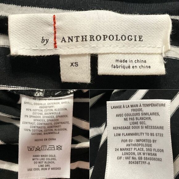 Anthropologie Black White Striped Mixed Media Long Bell Sleeve Top XS - Picture 4 of 5